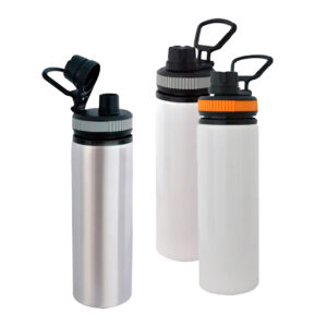 BOTELLA 750 ML ALUMINIO BLANCA CON TAPA DE ROSCA Y ARO AMARILLO