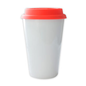 TAZA 15 OZ BLANCA CÓNICA CON TAPA DE SILICONE ROJA