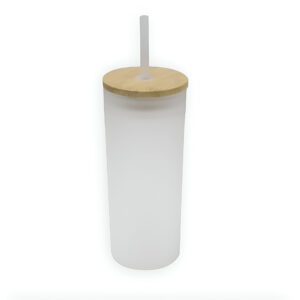 VASO DE VIDRIO GLASEADO DE 690 ML CON TAPA DE BAMBU Y PITILLO